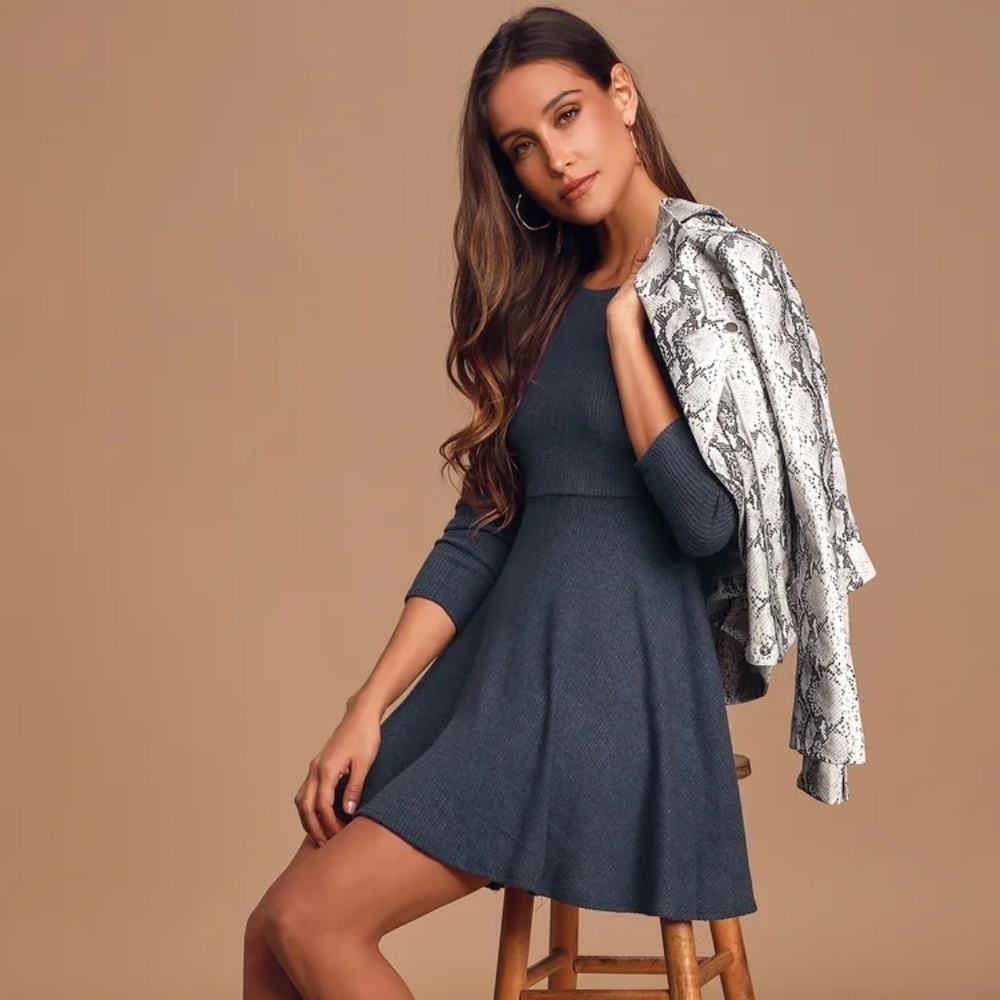 NWT Fit and Fair Denim Blue Ribbed Knit Long Sleeve Skater Dress